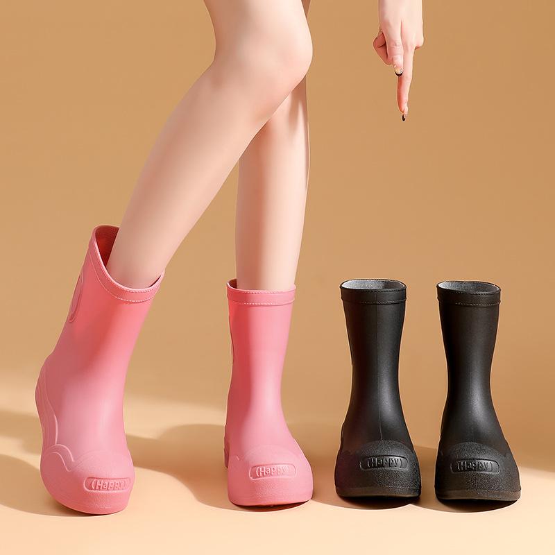 Rain Shoes Women's Pure Black Classic Rain Boots Summer Waterproof Shoes Small Man Shows Height Artifact Wading Shoes Rubber Shoes