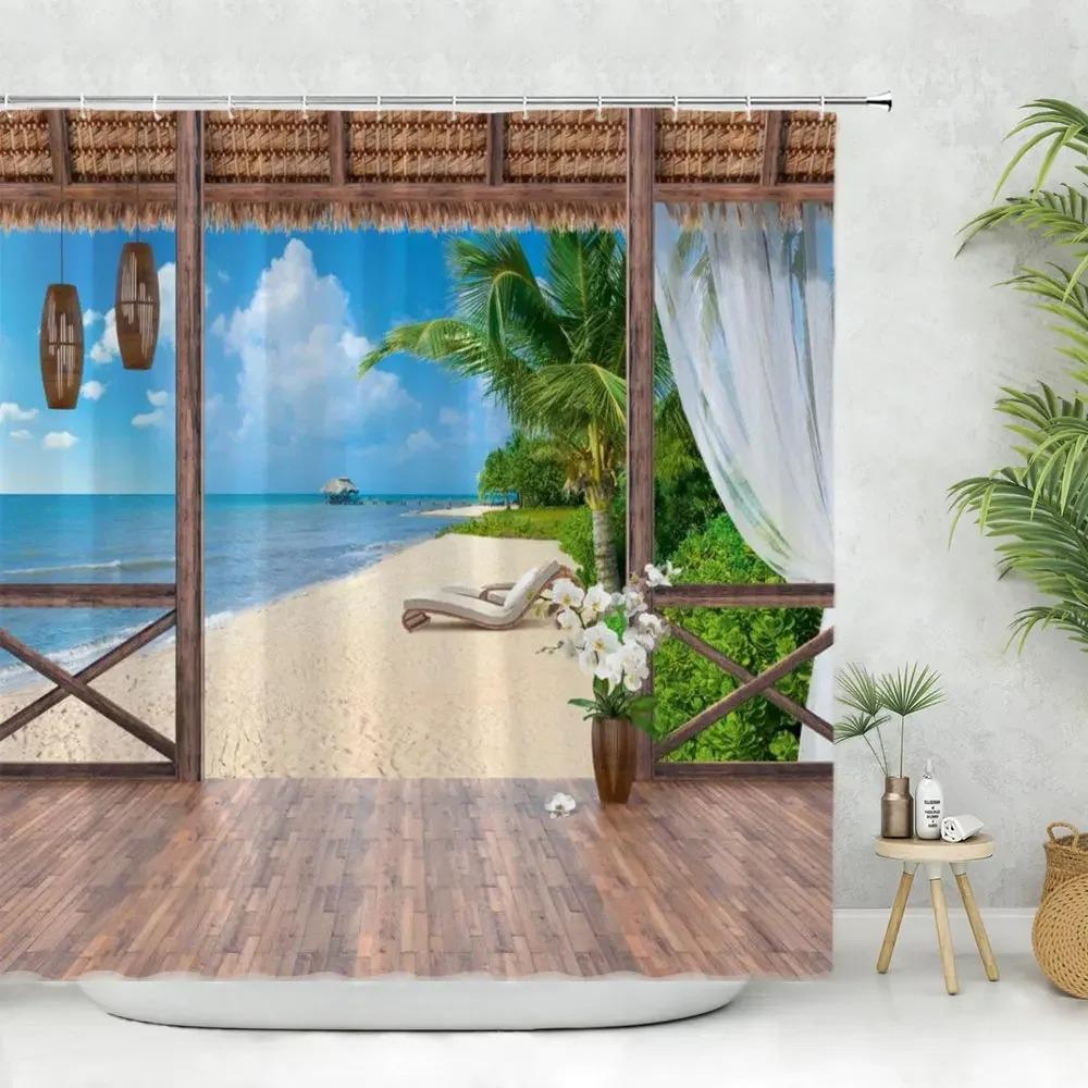 Paesaggio Marino Tenda da Bagno Doccia Tenda da Doccia Tropicale Oceano Spiaggia Foglia di Palma Lavabile Tende da Bagno Tessuto in Poliestere Decorazione per la Casa