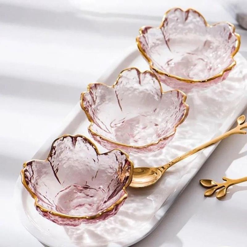 

Small Glass Dish Nordic Style Gold Inlay Glass Sauce Bowl Bbq Seasoning Dipping Flower Petal Bowl Glass Seasoning Dish