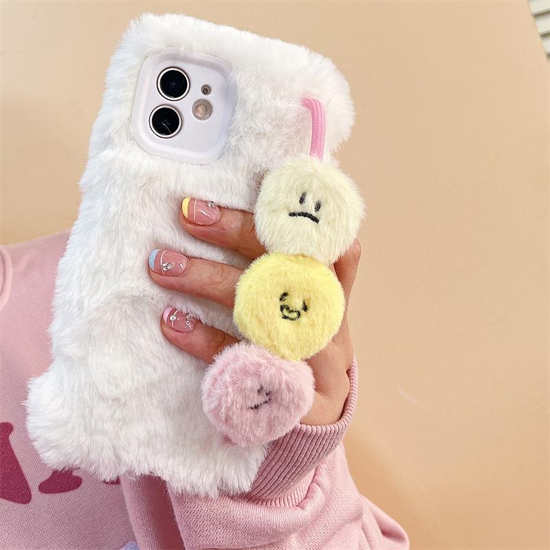 Husă pentru telefon Apple 14 Promax Plush Toamnă/Iarnă 12 cu fața zâmbitoare, curea de mână, pachet complet X, 13 anti-cădere, 11 silicon.