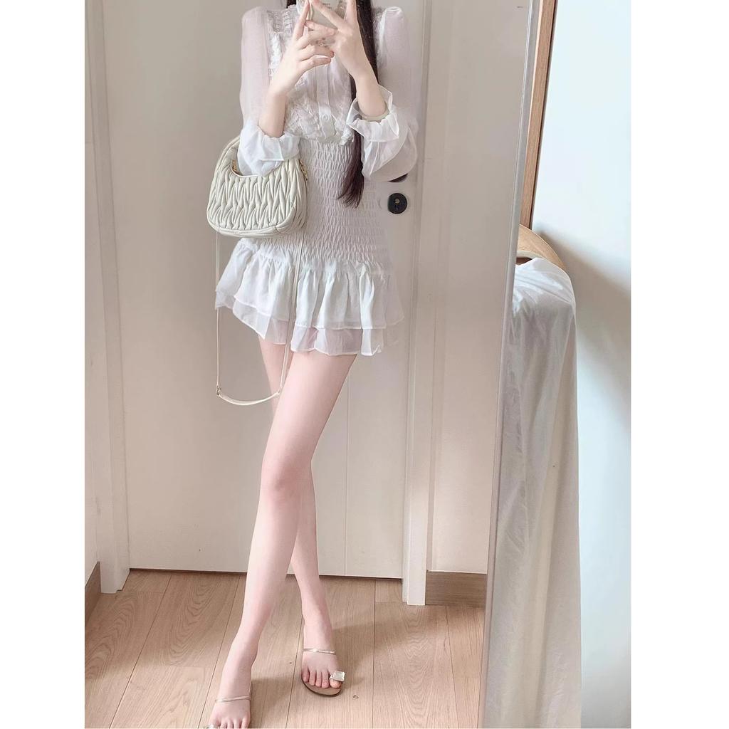 French White Long-sleeved Dress Children's Autumn Temperament Fairy Skirt Waist Thin Short Skirt