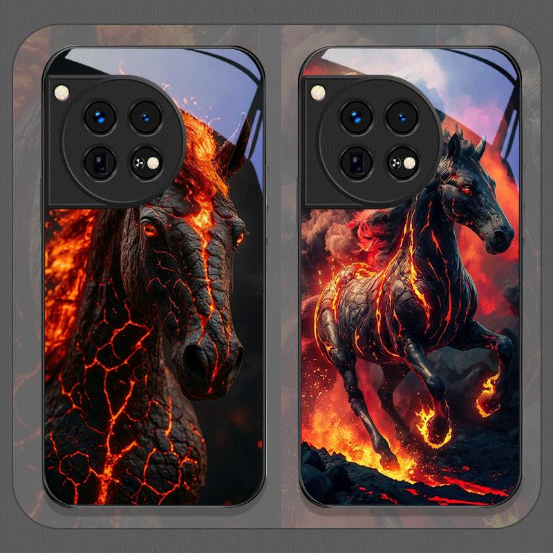 Creative Flame Black Horse Pattern Tempered Glass Phone Case for OnePlus 13R 12 11 10 Pro ACE2 ACE3 Nord CE4 CE3 CE2 Lite Cover