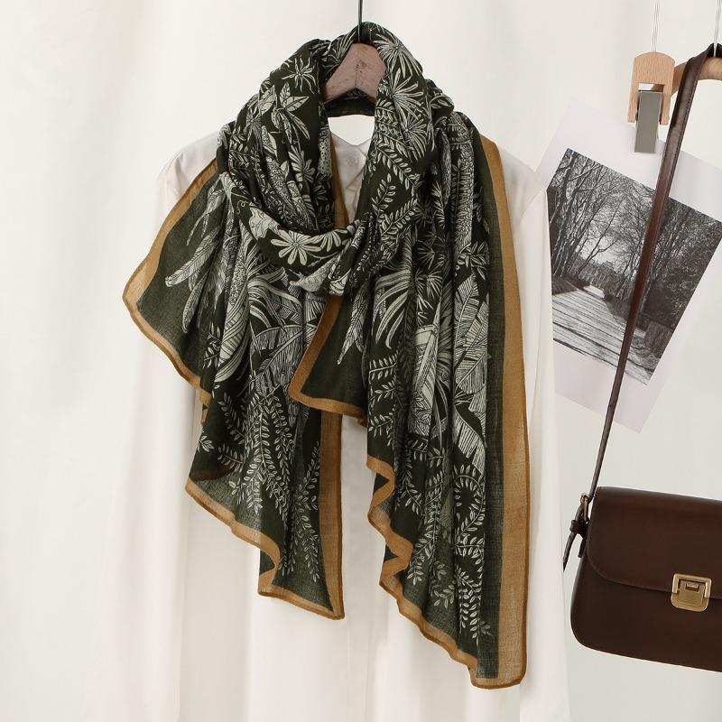 Hot-selling retro popular leaf messy long towel cotton and linen feel advanced leaf printing large size headscarf
