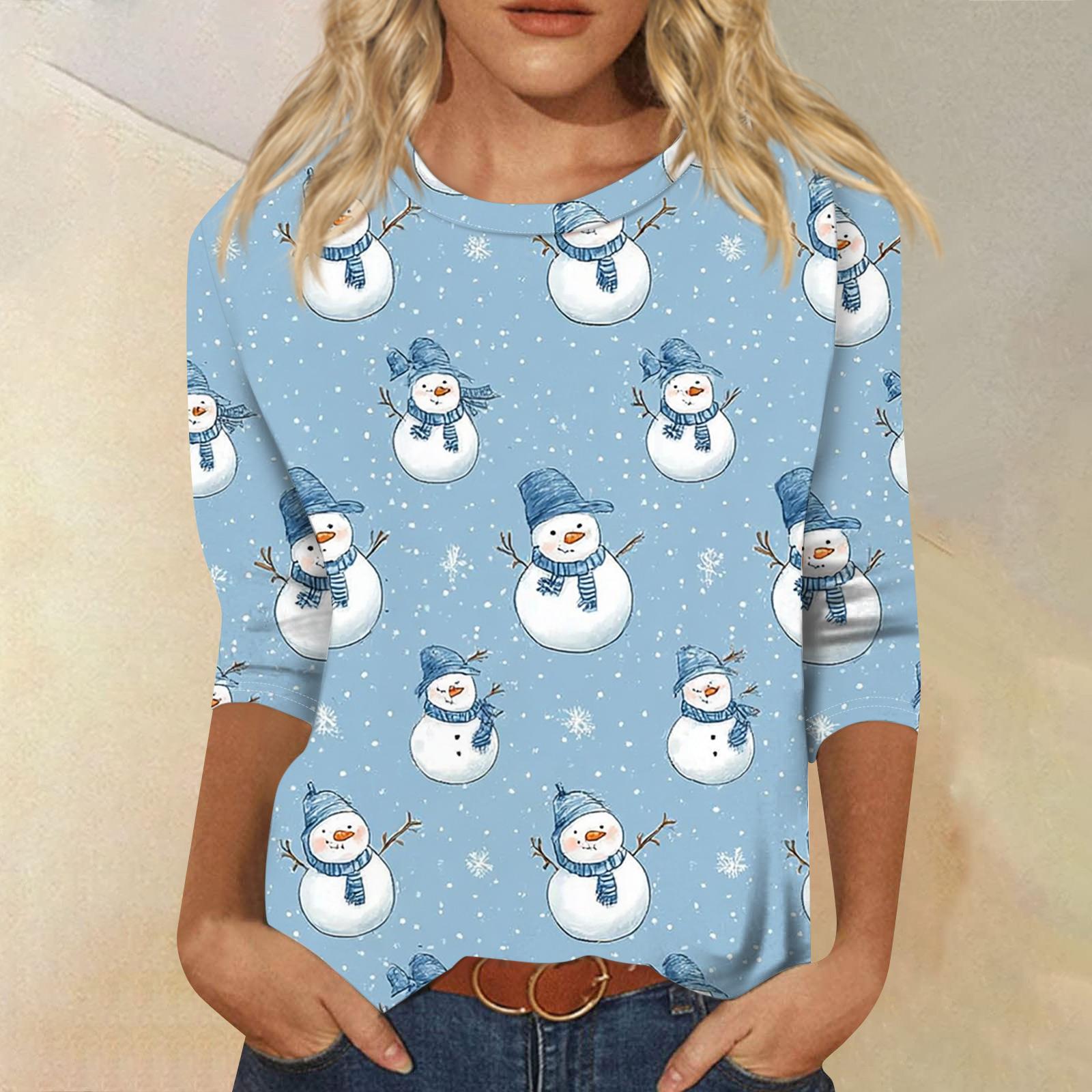 

Жіноча модна повсякденна вільна футболка з принтом і круглим вирізом з рукавом 3/4 M синій