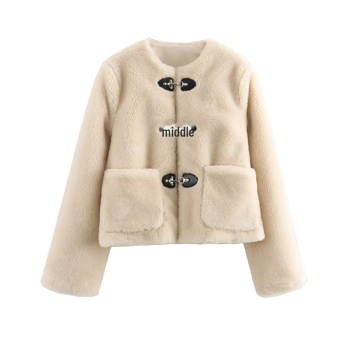 

Двухцветная женская флисовая куртка с пряжкой на весну 2024 г. Large грязно-белый