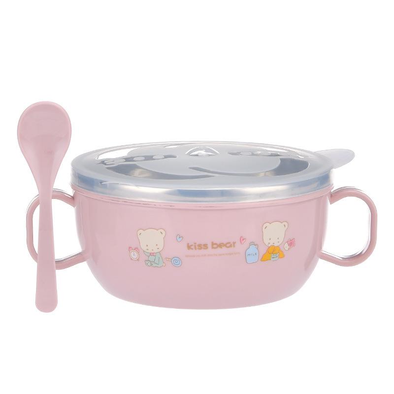 Stainless Steel Insulated Baby Bowl with Lid and Spoon - Double Handle Cartoon Design