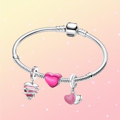 S925 Silver Girly Heart-shaped Pink First Love Charm Full of Love Snake Bone Bracelet Set Sweet Jewelry For Womens Birthday Gifts