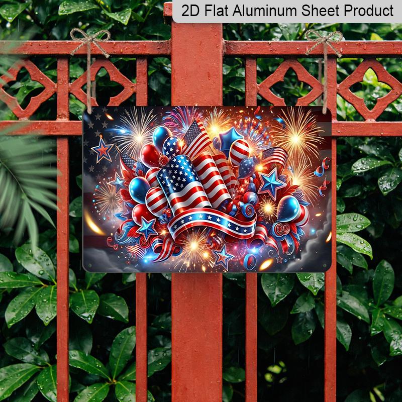 2D Flat, 1pc Patriotic Celebration Plaque, 12"×8" - Fireworks & Balloons Decor Sign, Red White & Blue - Aluminium Wall Hanging Decoration for