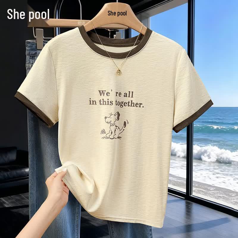 

Women s Contrast Color Round Neck Short Sleeve T-Shirt One Size