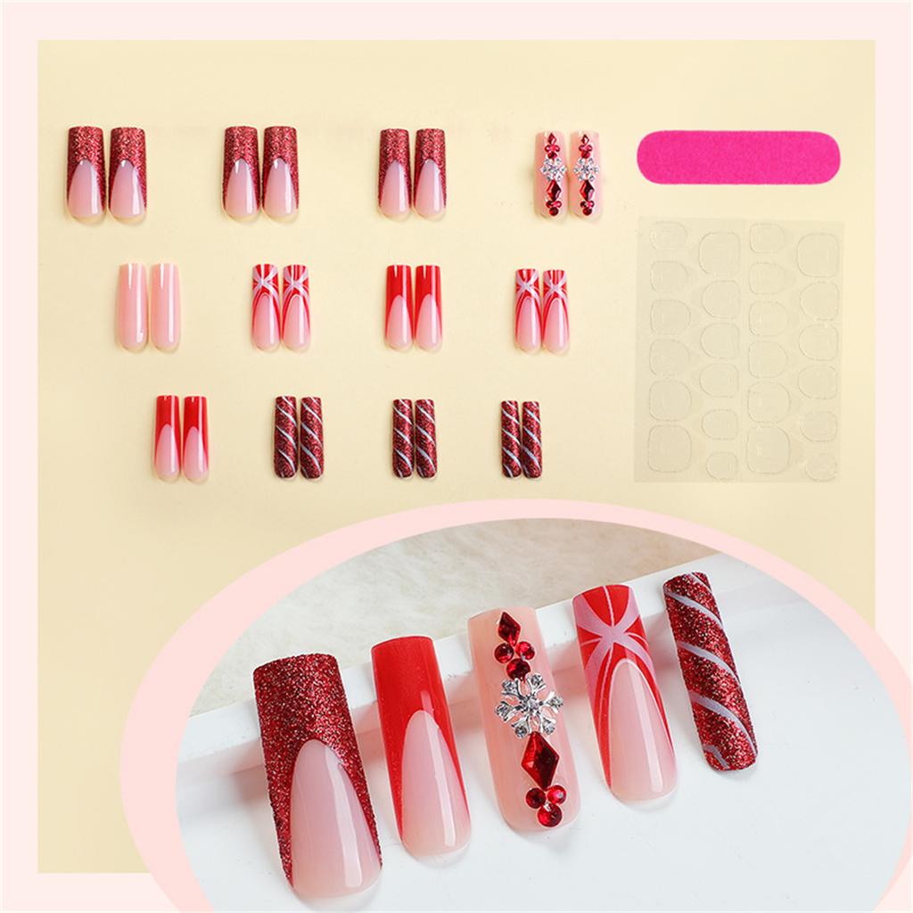 24pcs Christmas Press on Nail Square False Nail Long Acrylic Nail French Tip Winter Artificial Nail for Hliday Parties