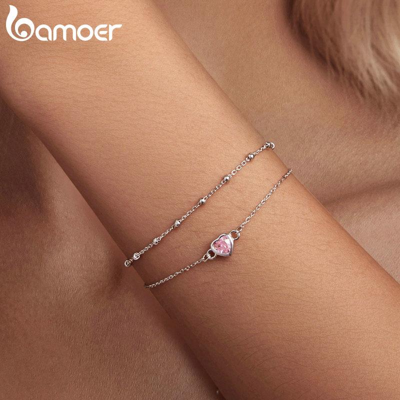 Bracciale Donna Doppio Cuore In Argento 925 Con Zirconi | Doppio Strato, Regolabile 17+3 Cm | Gioiello Romantico Per San Valentino