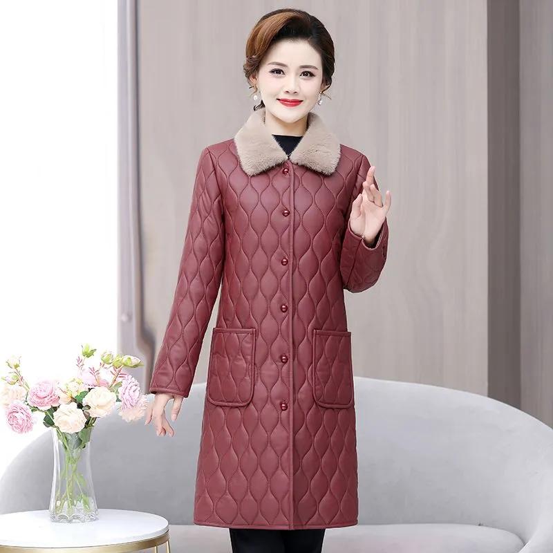 Women's Autumn/Winter Padded Velvet Mid Long Jacket Middle-Aged Female Solid Elegant Plus Size Outerwear