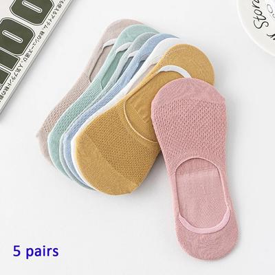 5 Pairs of WOMEN'S Mesh Hollowed Out Breathable Boat Socks, Invisible Low Cut Silicone Anti Slip, Summer No Ankle Socks