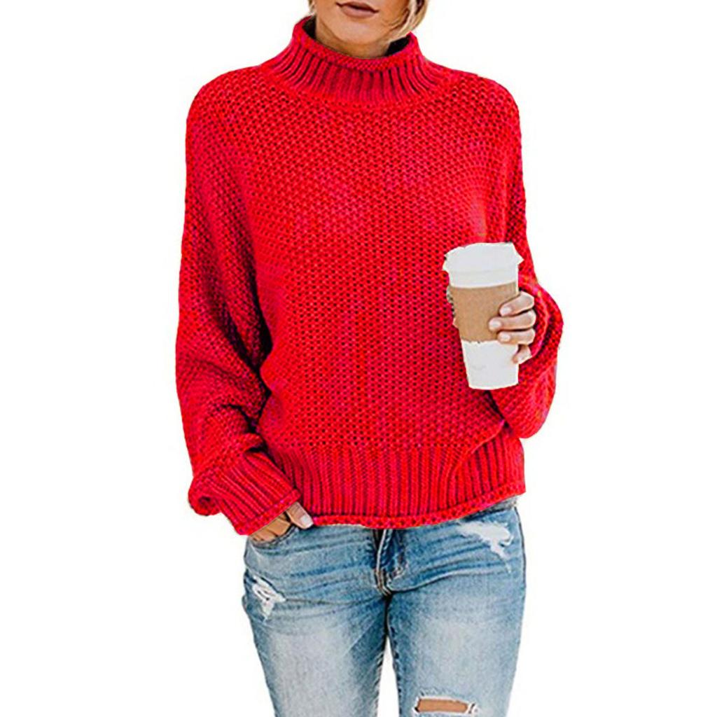 Women's High Neck Solid Color Sweater Casual Stripe Pullover Long Sleeve Sweater