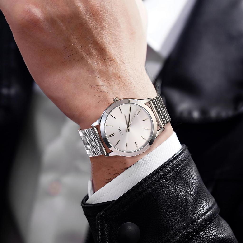BUREI Analog Quartz Milanese Mesh Strap Stainless Men's Watch, Waterproof, Popular, Slim, Simple, Stylish, Business, Casual, Style, (Silver, Silver,