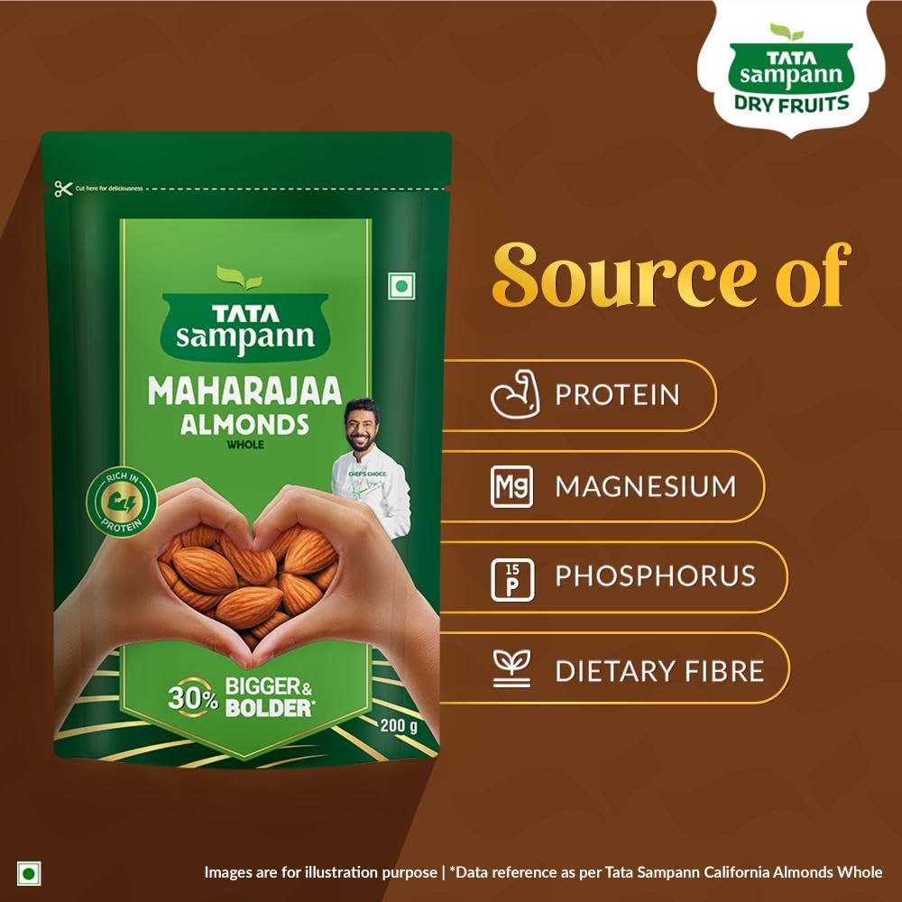 TATA Sampann Maharajaa Almonds Whole 200g Bigger & Bolder Premium Badam Rich In Protein Magnesium Phosphorus Perfect for Healthy Snacking