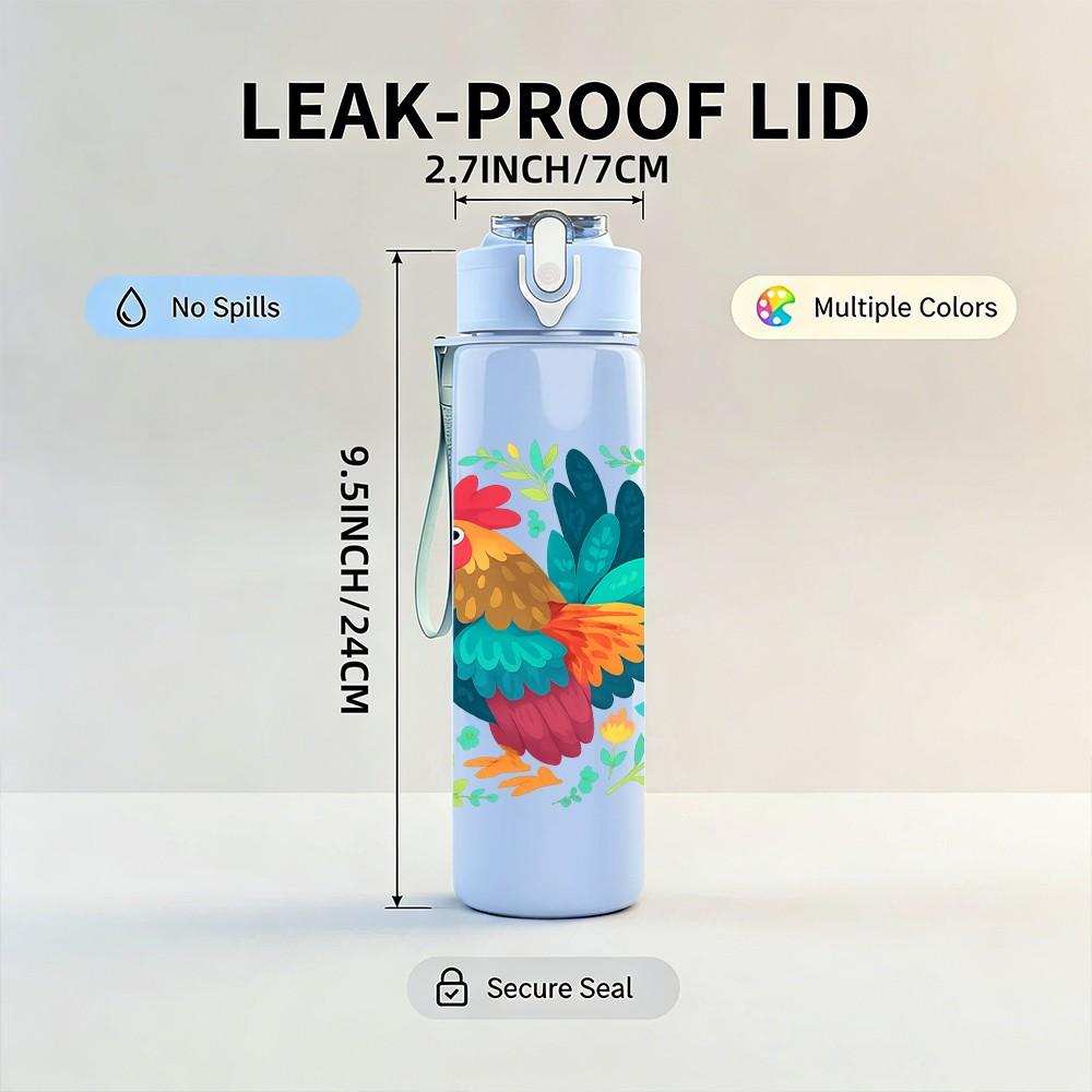 1PC Colorful Rooster Art 750ml Color Plastic Sports Water Bottle Leakproof Flip Straw Lid Suitable for Sports Office Home Use