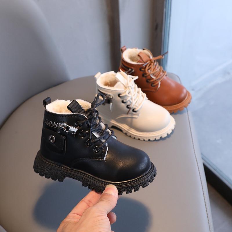 New Winter Children's British Short Boots – Boys' Fashion Plush-Lined, Girls' Side-Zipper Soft-Sole Cotton Boots