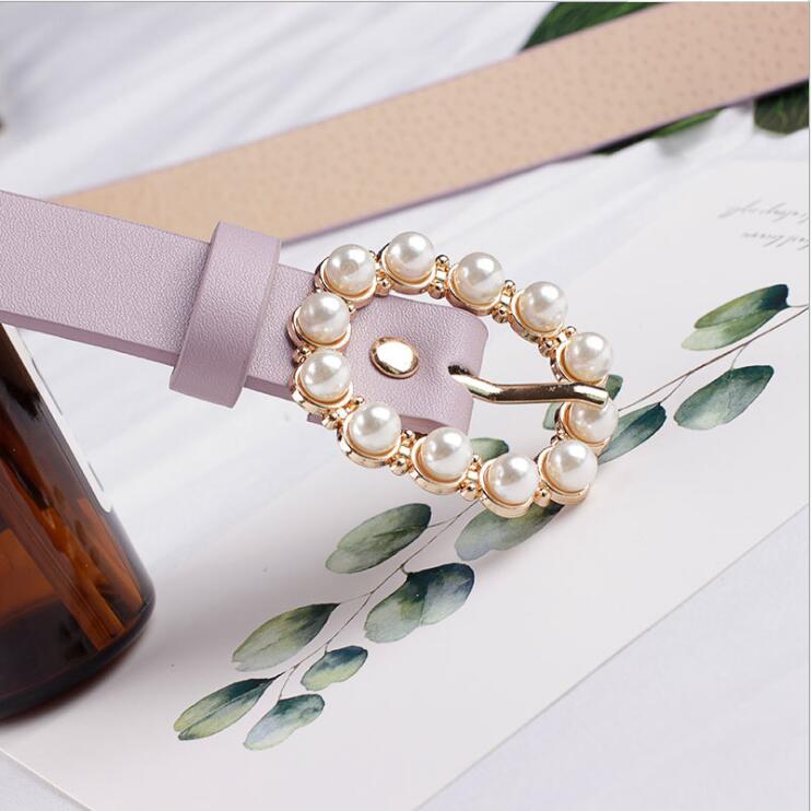 Pearl Oval Buckle Women's Belt Fashionable Simple Wild Inlaid Rhinestone Light Body Belt