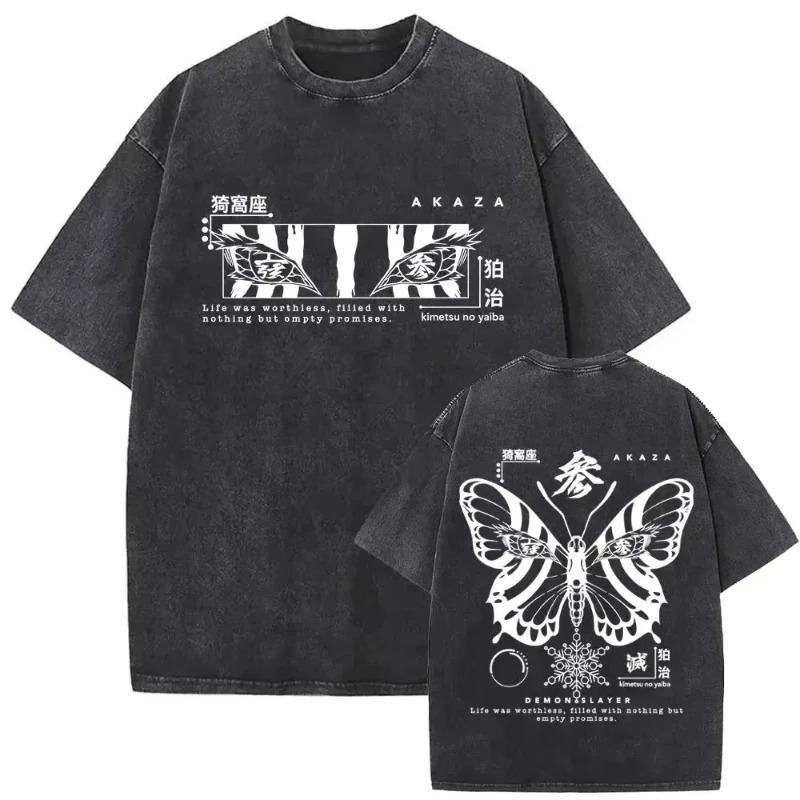 Demon Slayer Akaza Oboustranný Grafický Potisk Vintage Vypraná Nadměrná Anime Streetwear Tričko