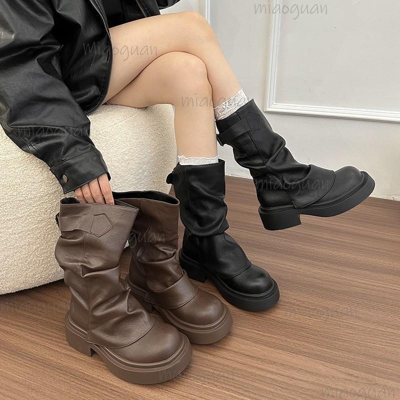 Fashion Autumn Vintage Thick Bottom Woman Knight Boots Fashion Belt Buckle Ladies Slip on Short Booties Black Brown PU Pleated Botas