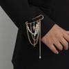 Gold Plated Pearl Chain Lapel Brooch With Dangling Tassel Fish Charm For Blazer Daily Wear Formal Occasions Fashion Jewelry