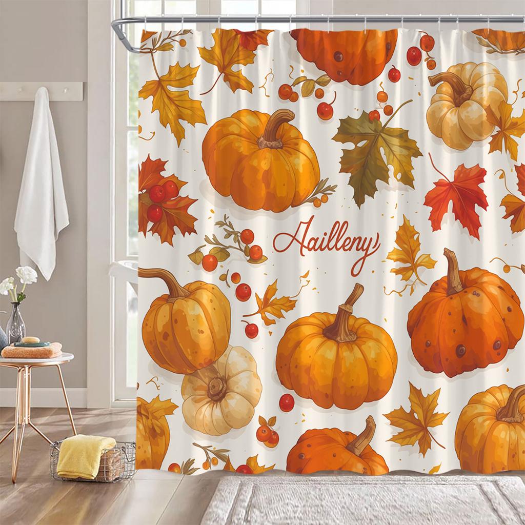 Herbstkürbis Cartoon Druck Duschvorhang Erntesaison Ahornblätter Fallendes Laub Herbstlandschaft Badezimmer Dekoration Natur Badvorhang