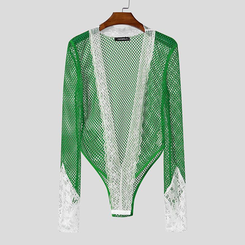 Men Long Sleeve Lace Patchwork Mesh See Through Party Bodysuits Jumpsuits Home Wear