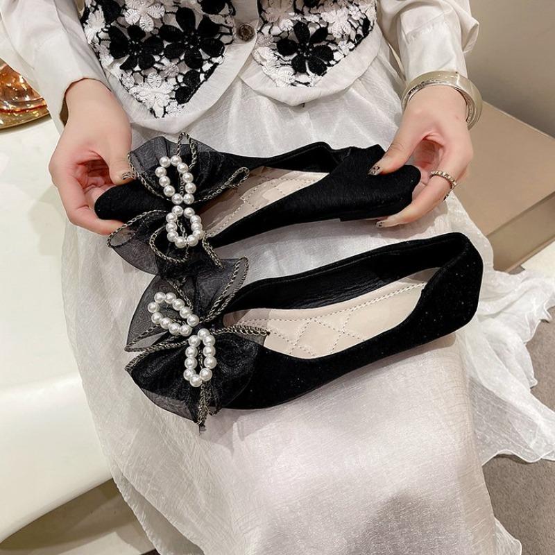 Bow Women Shallow Shoes Bead Pointed Toe Elegant Soft Flats Designer Shoes  Trend Winter Fad Dress Party Chaussures Ladies
