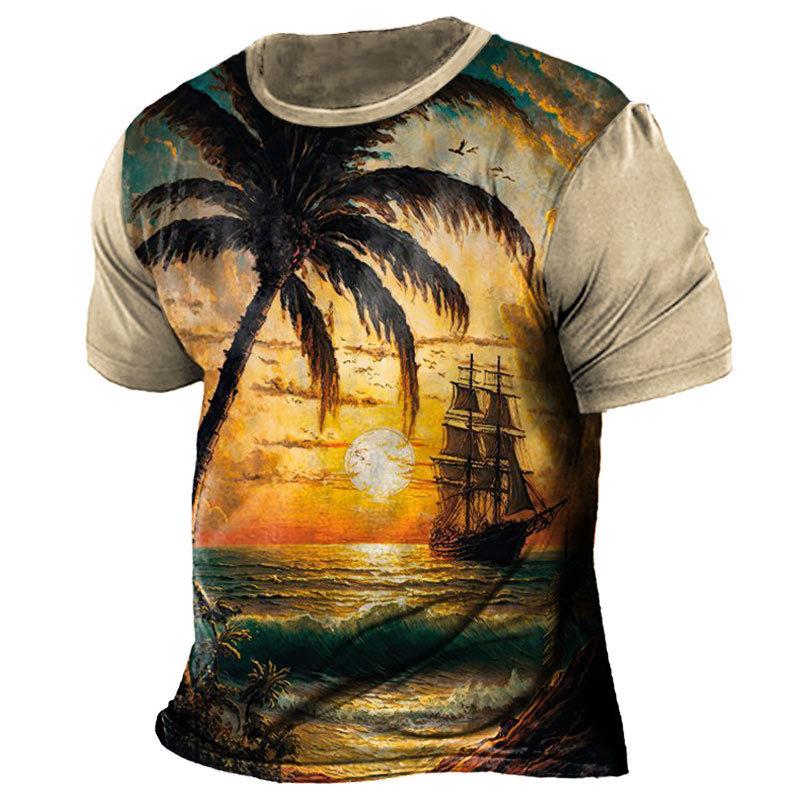 Summer Vintage Boat Graphic T-shirts For Men Cool Polyester Loose Short Sleeve Daily Tops Oversized Tee Shirt Clothing Apparel