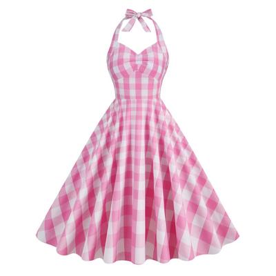 1950S Women Pink Plaid Sleeveless Dress Lace-up Bowknot Halter Hidden Zipper Skater Hem Cocktail Party Swing Dress High Waist A-Line Dress