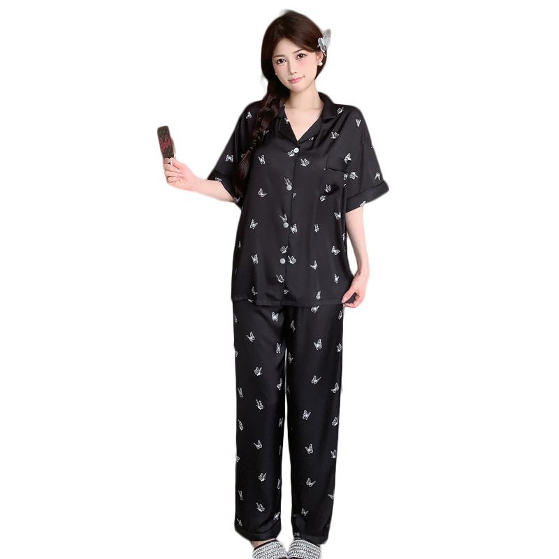 French Silver Butterfly Ice Silk Pajamas Women'S Thin Summer Short-Sleeved Trousers Cool Loungewear Real Shot