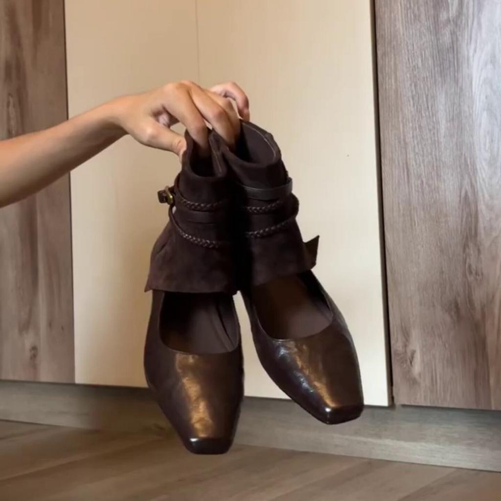 Light mouth retro low heel square head thin boots buckle inner height increase women's splicing hollow single shoes versatile woven western style