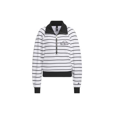 Verbiage Half-Zip Striped Sport Casual Long Sleeve T-Shirt Women Tops Black White IZ4572