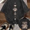 Matte Washed Black T-shirt, Summer Vintage Aesthetic Printed Top, Loose Unisex Round-neck Short Sleeves