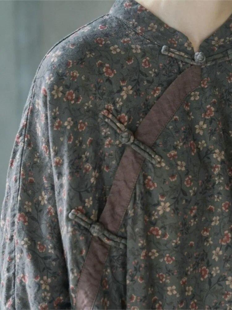 Johnature Women Vintage Print Floral Dresses Stand Long Sleeve Cotton Spring Chinese Style Robes Button Women Dress