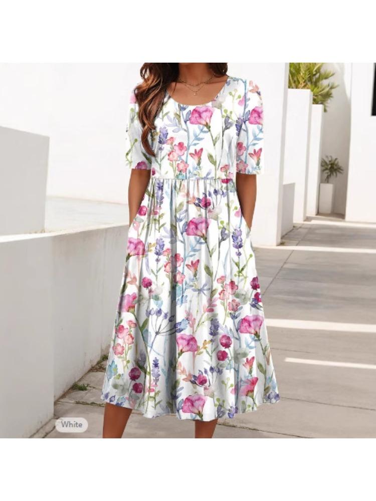 Damen Midikleid mit kurzen Ärmeln, quadratischem Ausschnitt und Blumenprint in mehreren Farben