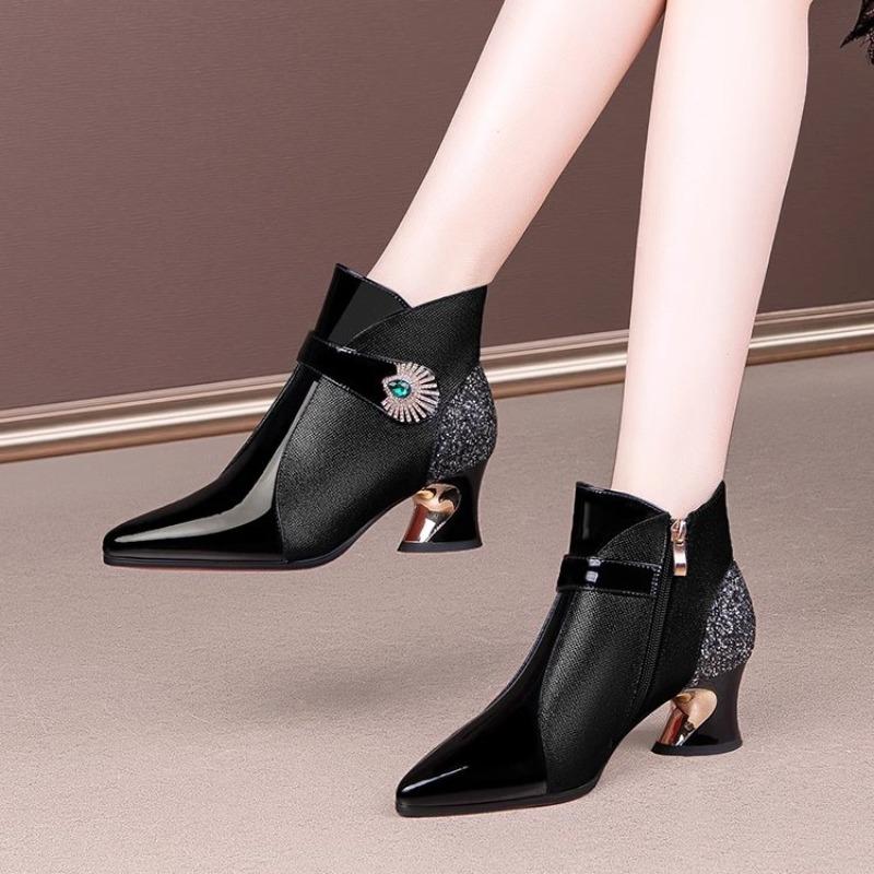 Fashion Ankle Boots Mother Thick Heel Metal Sequin and Velvet Warm Latin American New Women's Boots Pointed Toe Rhinestone Boots