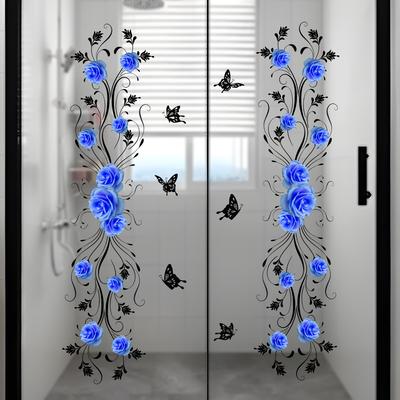 Modrá růže a motýl Samolepka na dveře - Luxusní a elegantní dekorativní samolepka na koupelnové sklo