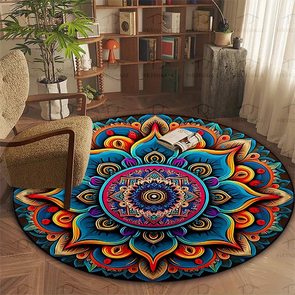 Crystal velvet carpetBohemian Round Doormat - Vibrant Mandala Design, Non-Woven Fabric, Rubber Backing, Hand Wash Only - Ideal f