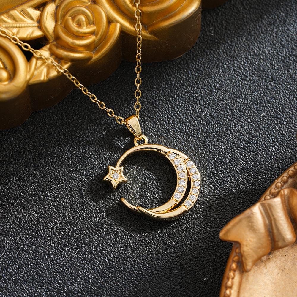Elegant Women's Lux Zircon Moon & Star Pendant Necklace - Colorfast & Stylish Gift