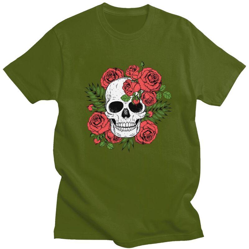 Custom Skull Roses Flowers T Shirts Men Short Sleeve Tshirts Streetwear Tee Tops 100 Cotton Slim Fit Tshirts Merch