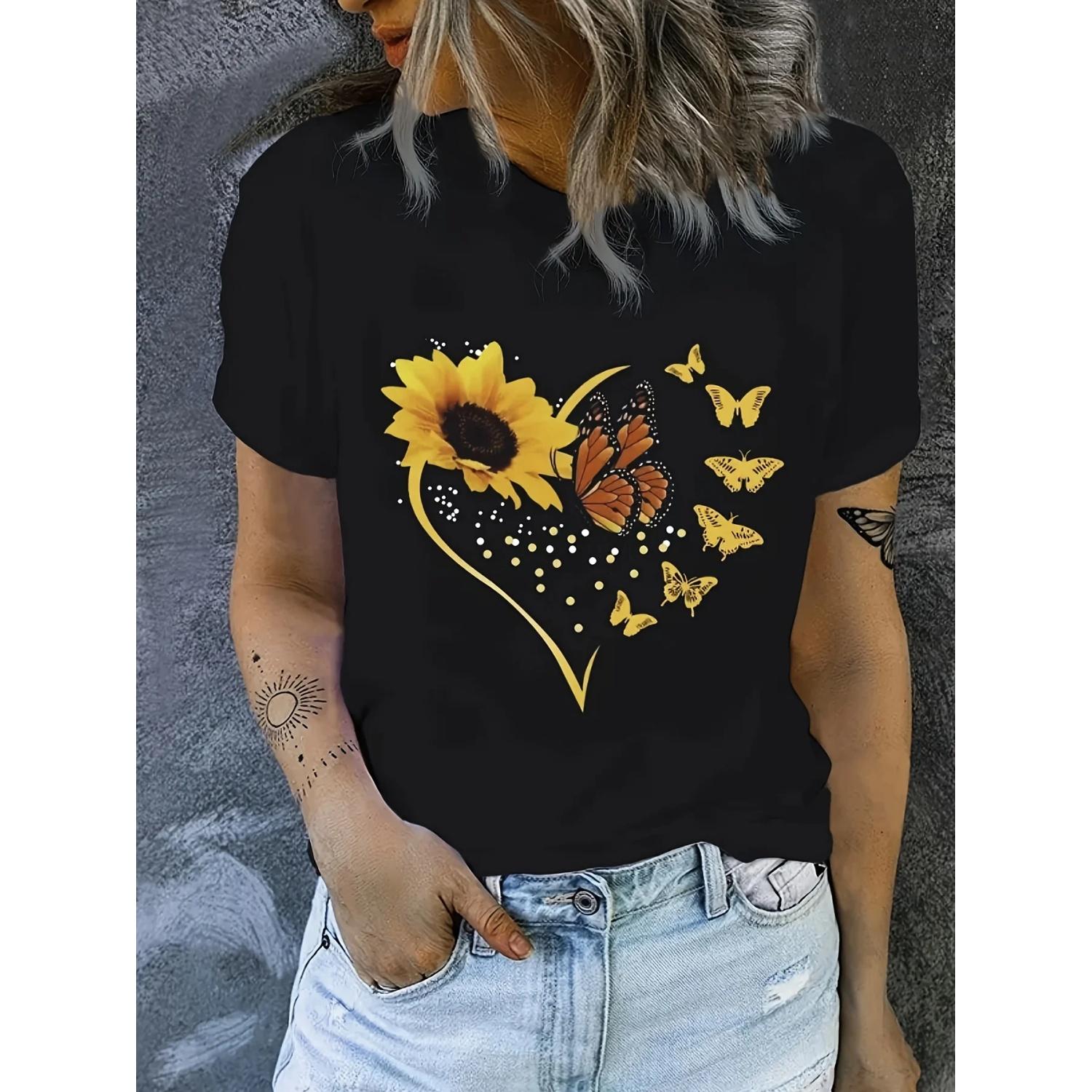 

Women s Casual Crew Neck T-Shirt with Butterfly & Sunflower Heart Design Lightweight Knit Fabric All-Season Comfort Fit Top S чёрный