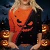 Women's Casual Halloween Printed T Shirt Fashion Round Neck Three Quarter Sleeve Top with Pumpkin Haunted House Design