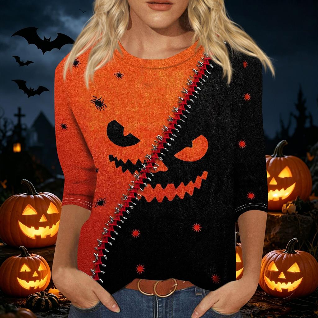 Women's Casual Halloween Printed T Shirt Fashion Round Neck Three Quarter Sleeve Top with Pumpkin Haunted House Design