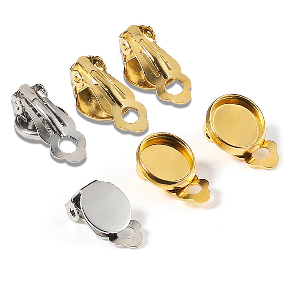10pcs Stainless Steel Ear Clips Earrings Gold Color Blank Base Glass Cabochons Tray Cameo Base for Earrings Jewelry Making DIY