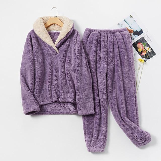 Fleece Pajama Set Women's Solid Long Sleeve Winter Terry Ladies Pijama Suit 2 Pcs with Long Pants Thick Warm Home Clothes Female