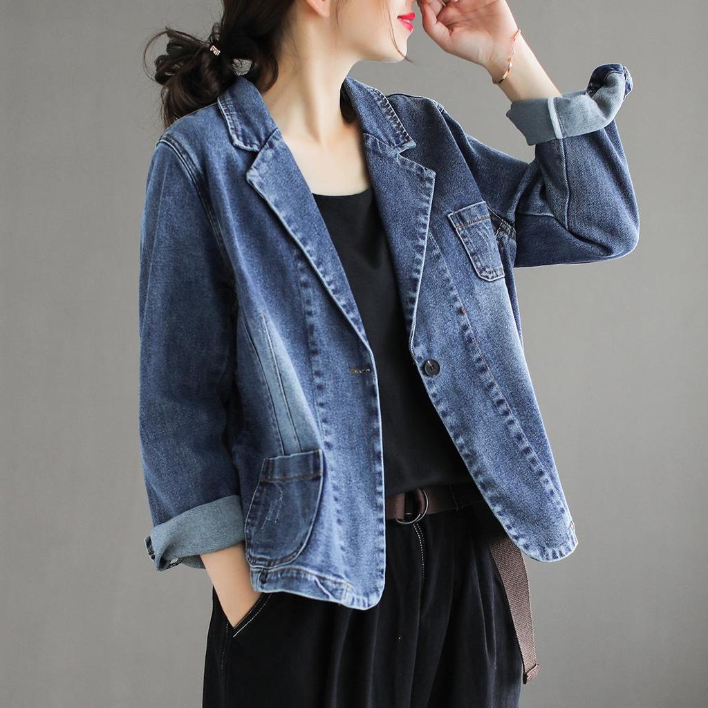 Vintage Denim Blazer Jacket Women Retro Loose Denim Women Spring Autumn Casual Long Sleeve Short Jean Fit Coat Autumn