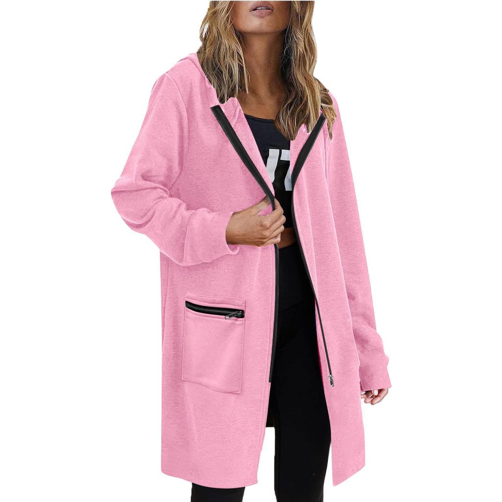 Women's Fashionable Solid Color Coat Long Sleeved Pocket Long Hoodies Zipper Casual Jackets Sweatshirts Clothes