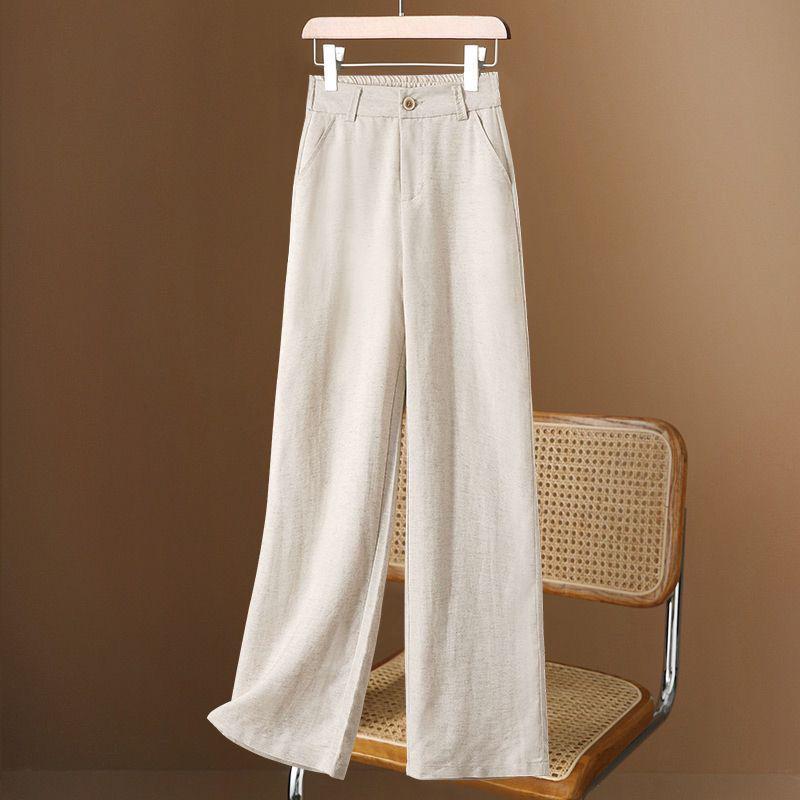 Women's Cotton Linen Wide-Leg High-Waisted Pants - Summer Loose Casual Straight-Leg Long Pants